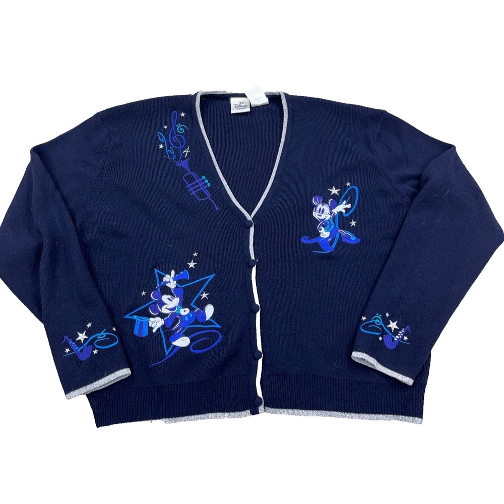Vintage Disney Cardigan Sweater Women Large Merino Wool Mickey Minnie Music